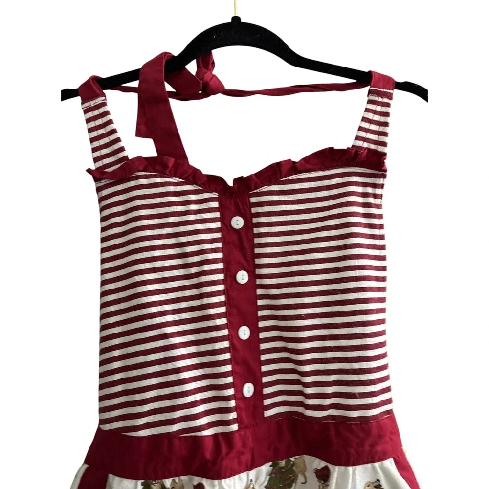 Santa's Workshop Christmas Apron Holiday Dog Print Striped Ruffle Red White